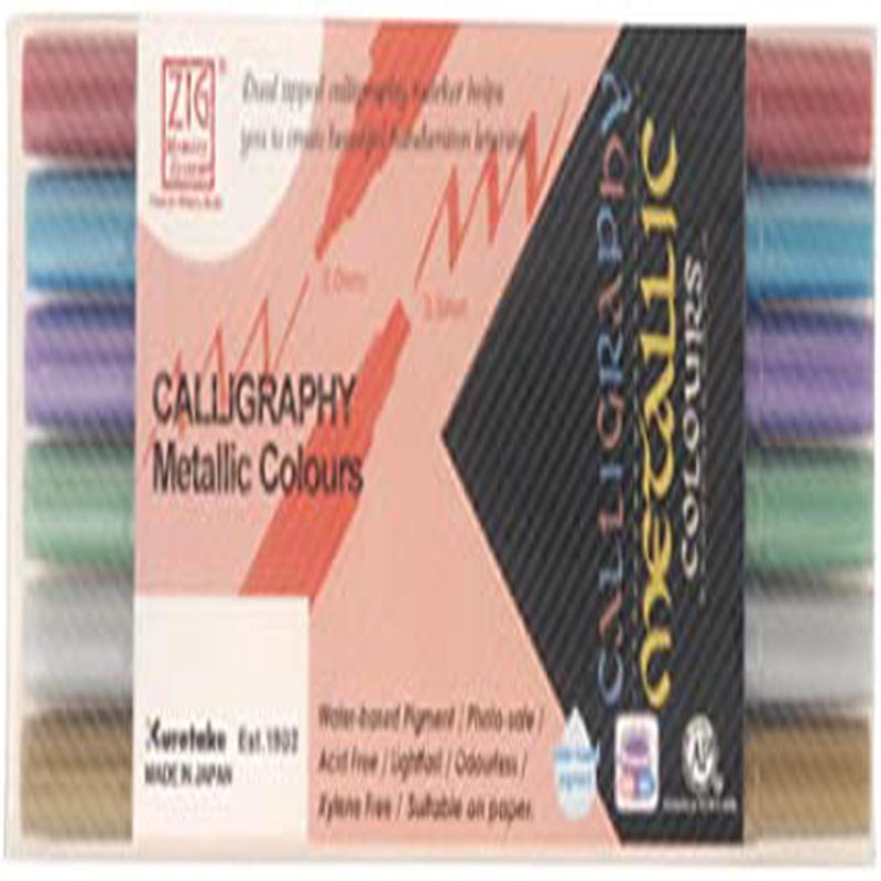 Kuretake ZIG CALLIGRAPHY Metallic 6 Colors, Dual Tip, 2mm, 3.5mm, Effective on dark papers, Waterproof when dry, No mess, Photo-Safe, Acid Free, Lightfast, Xylene Free, Archival Quality, Made in Japan