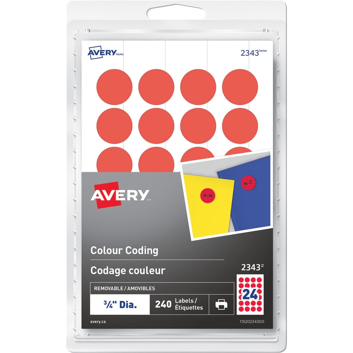 Avery Removable Colour Coding Labels, Red, ", 240/Pack (10 Sheets)