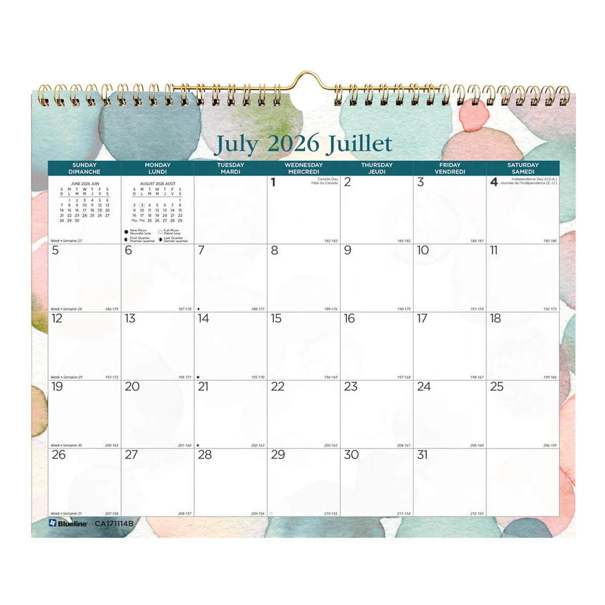 Blueline Splash 12-Month Academic Wall Calendar Bilingual JulyJune 12"x15"